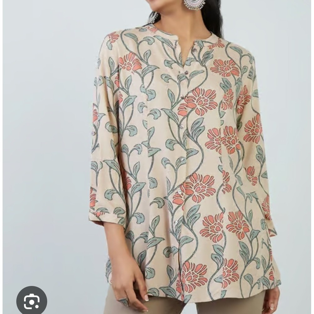 Utsa‎ by Westside Womens XL Blouse Ethnic Indian Viscose Boho Button Down Peach